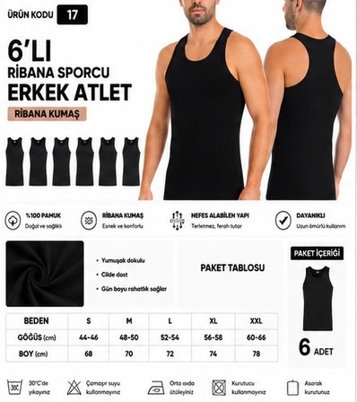 Yıldız Çamaşır Erkek Ribana Sporcu %100 Pamuk Atlet (15-17-19) - 6 Adet