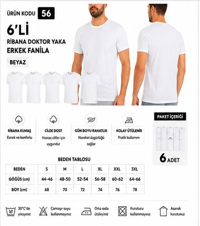 Yıldız Çamaşır Erkek Ribana Kapalı Yaka %100 Pamuk Fanila Atlet (55-56-57) - 6 Adet