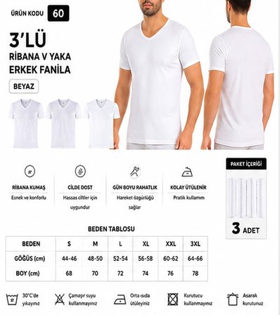 Yıldız Çamaşır Erkek Ribana V Yaka %100 Pamuk Body Fanila Atlet (60-61-62) - 3 Adet