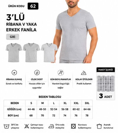 Yıldız Çamaşır Erkek Ribana V Yaka %100 Pamuk Body Fanila Atlet (60-61-62) - 3 Adet