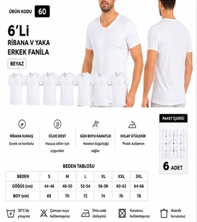 Yıldız Çamaşır Erkek Ribana V Yaka %100 Pamuk Body Fanila Atlet (60-61-62) - 6 Adet