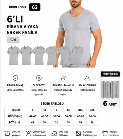 Yıldız Çamaşır Erkek Ribana V Yaka %100 Pamuk Body Fanila Atlet (60-61-62) - 6 Adet