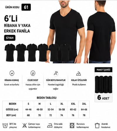 Yıldız Çamaşır Erkek Ribana V Yaka %100 Pamuk Body Fanila Atlet (60-61-62) - 6 Adet