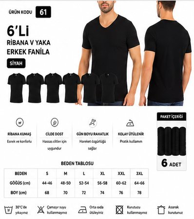 Yıldız Çamaşır Erkek Ribana V Yaka %100 Pamuk Body Fanila Atlet (60-61-62) - 6 Adet