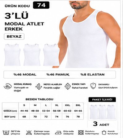 Yıldız Çamaşır Erkek Modal Likralı Askılı Atlet (70-71-72-73-74) - 3 Adet