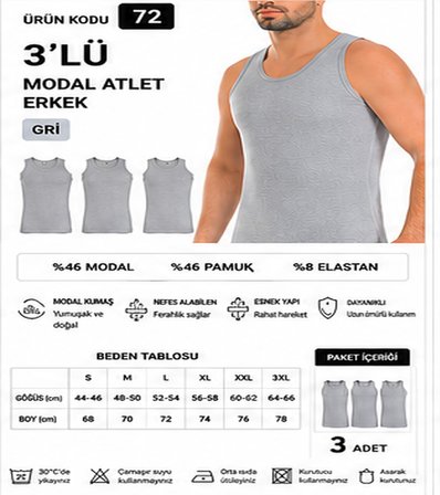 Yıldız Çamaşır Erkek Modal Likralı Askılı Atlet (70-71-72-73-74) - 3 Adet