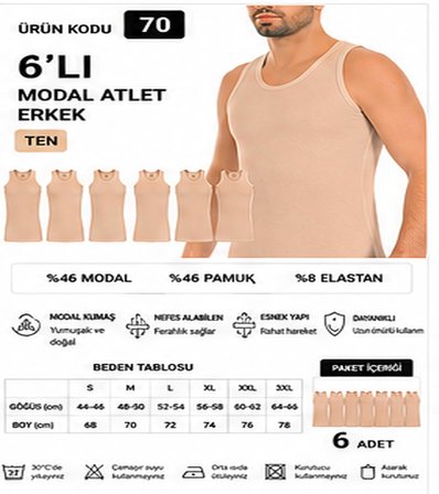 Yıldız Çamaşır Erkek Modal Likralı Askılı Atlet (70-71-72-73-74) - 6 Adet