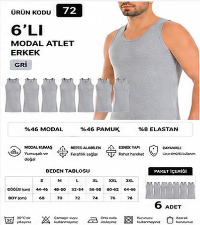 Yıldız Çamaşır Erkek Modal Likralı Askılı Atlet (70-71-72-73-74) - 6 Adet