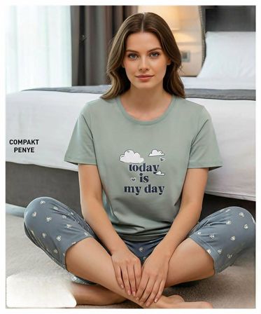 Mihra Kadın %100 Pamuk Bisiklet Yaka Kısa Kol KAPRİ  Pijama Takımı 90787/4452 - 1 Adet