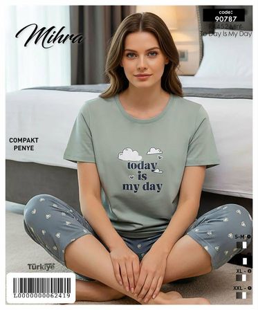 Mihra Kadın %100 Pamuk Bisiklet Yaka Kısa Kol KAPRİ  Pijama Takımı 90787/4452 - 1 Adet
