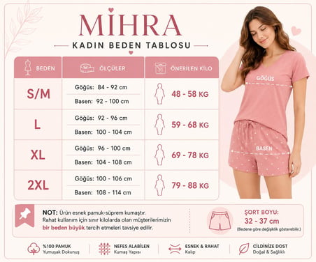 Mihra Kadın Süprem %100 Pamuk Bisiklet Yaka Kısa Kol Şortlu Pijama Takımı 90782/3323- 1 Adet