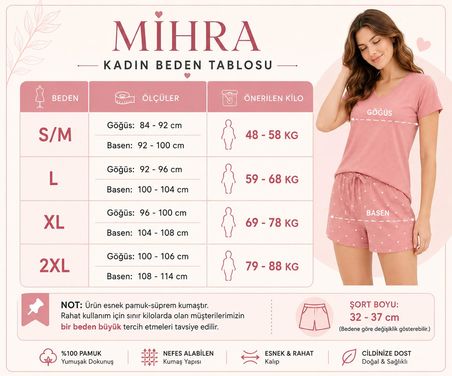 Mihra Kadın Compact Penye %100 Pamuk Bisiklet Yaka Kısa Kol Şortlu Pijama Takımı 90785/3178- 1 Adet
