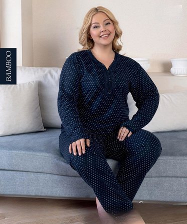 Derya Kadın Büyük Beden Dantel Yaka Bambu Uzun Kol İnce Pijama Takımı 8105L - 1 Adet