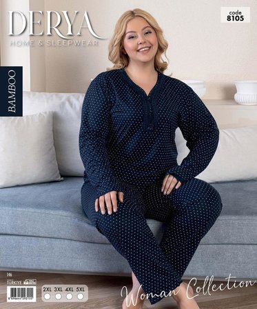 Derya Kadın Büyük Beden Dantel Yaka Bambu Uzun Kol İnce Pijama Takımı 8105L - 1 Adet