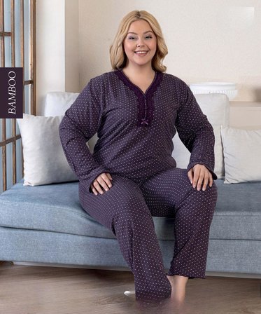 Derya Kadın Büyük Beden Dantel Yaka Bambu Uzun Kol İnce Pijama Takımı 8107M - 1 Adet
