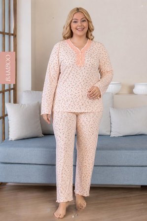 Derya Kadın Büyük Beden Dantel Yaka Bambu Uzun Kol İnce Pijama Takımı 8109P - 1 Adet
