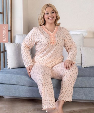 Derya Kadın Büyük Beden Dantel Yaka Bambu Uzun Kol İnce Pijama Takımı 8109P - 1 Adet