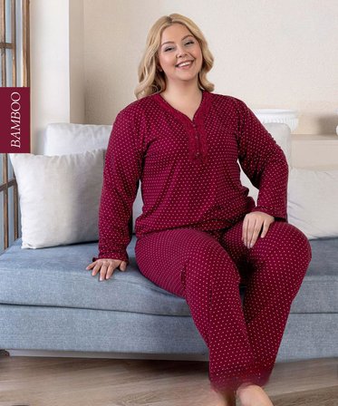 Derya Kadın Büyük Beden Dantel Yaka Bambu Uzun Kol İnce Pijama Takımı 8110B - 1 Adet