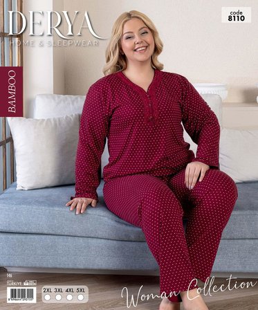 Derya Kadın Büyük Beden Dantel Yaka Bambu Uzun Kol İnce Pijama Takımı 8110B - 1 Adet