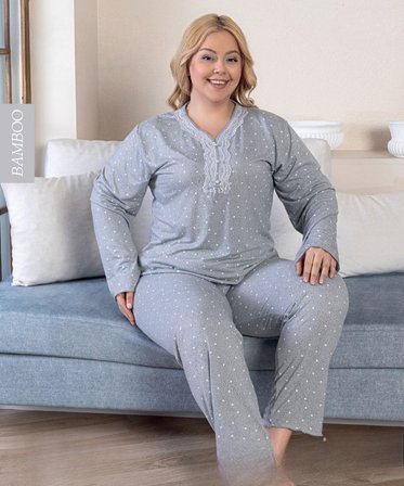 Derya Kadın Büyük Beden Dantel Yaka Bambu Uzun Kol İnce Pijama Takımı 8116G - 1 Adet
