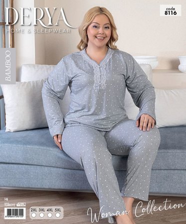 Derya Kadın Büyük Beden Dantel Yaka Bambu Uzun Kol İnce Pijama Takımı 8116G - 1 Adet