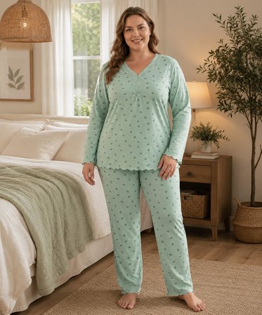 Derya Kadın Büyük Beden Dantel Yaka Bambu Uzun Kol İnce Pijama Takımı 8141Y - 1 Adet