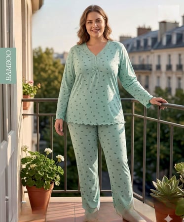 Derya Kadın Büyük Beden Dantel Yaka Bambu Uzun Kol İnce Pijama Takımı 8141Y - 1 Adet