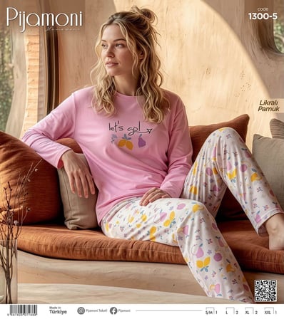 Pijamoni Kadın Likralı Pamuklu Bisiklet Yaka Uzun Kol İnce Pijama Takımı 1300/5 - 1 Adet