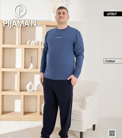Pijamoni Erkek Battal Bisiklet Yaka Penye Uzun Kol  Pijama Takımı 6700/7 - 1 Adet