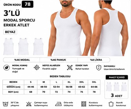 Yıldız Çamaşır Erkek Modal Sporcu Likralı Atlet (77-78-79) - 3 Adet
