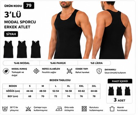 Yıldız Çamaşır Erkek Modal Sporcu Likralı Atlet (77-78-79) - 3 Adet