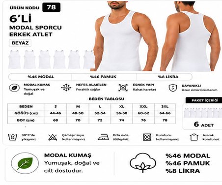 Yıldız Çamaşır Erkek Modal Sporcu Likralı Atlet (77-78-79) - 6 Adet
