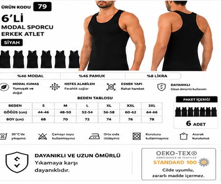 Yıldız Çamaşır Erkek Modal Sporcu Likralı Atlet (77-78-79) - 6 Adet