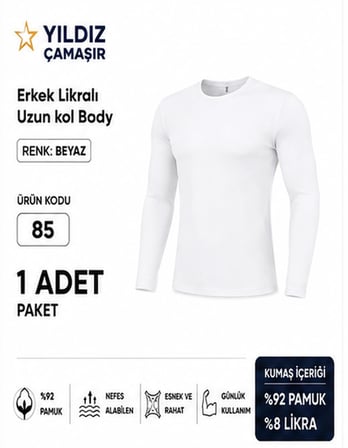 Yıldız Çamaşır Erkek Likralı Uzun Kol Bady Fanila Atlet (85-86-87) - 1 Adet