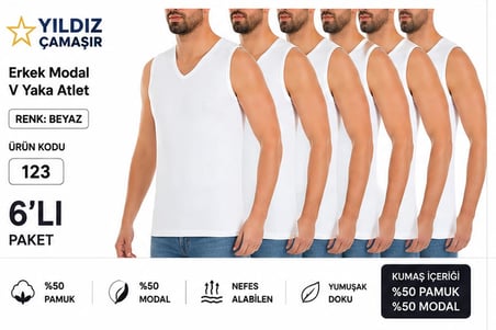 Yıldız Çamaşır Erkek YAZLIK Süper İnce V Yaka Sıfır Kol Modal Fanila Atlet (123-124 ) - 6 Adet