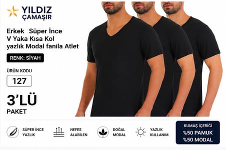 Yıldız Çamaşır Erkek YAZLIK Süper İnce V Yaka Kısa Kol Modal Fanila Atlet (126-127 ) - 3 Adet