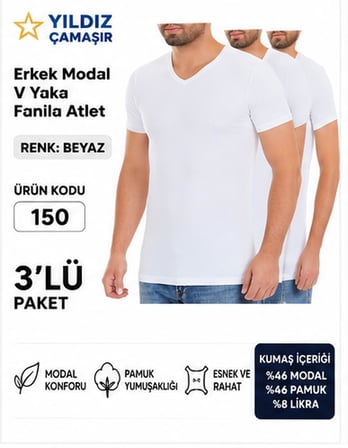 Yıldız Çamaşır Erkek V Yaka Kısa Kol Modal Likralı Fanila Atlet (150-151-152-153 ) - 3 Adet