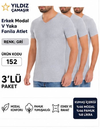 Yıldız Çamaşır Erkek V Yaka Kısa Kol Modal Likralı Fanila Atlet (150-151-152-153 ) - 3 Adet