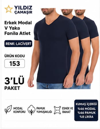 Yıldız Çamaşır Erkek V Yaka Kısa Kol Modal Likralı Fanila Atlet (150-151-152-153 ) - 3 Adet