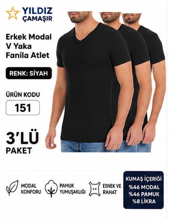 Yıldız Çamaşır Erkek V Yaka Kısa Kol Modal Likralı Fanila Atlet (150-151-152-153 ) - 3 Adet