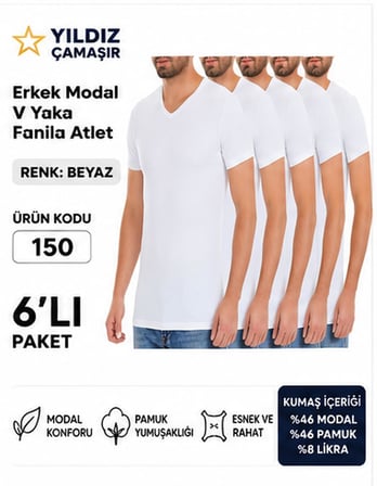 Yıldız Çamaşır Erkek V Yaka Kısa Kol Modal Likralı Fanila Atlet (150-151-152-153 ) - 6 Adet