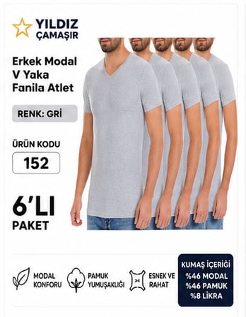 Yıldız Çamaşır Erkek V Yaka Kısa Kol Modal Likralı Fanila Atlet (150-151-152-153 ) - 6 Adet