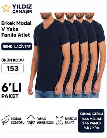 Yıldız Çamaşır Erkek V Yaka Kısa Kol Modal Likralı Fanila Atlet (150-151-152-153 ) - 6 Adet