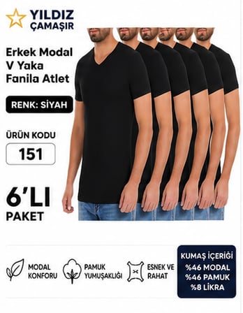 Yıldız Çamaşır Erkek V Yaka Kısa Kol Modal Likralı Fanila Atlet (150-151-152-153 ) - 6 Adet
