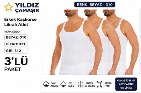 Yıldız Çamaşır Erkek Kaşkorse Likralı İnce Askılı Atlet (310-311-312) - 3 Adet