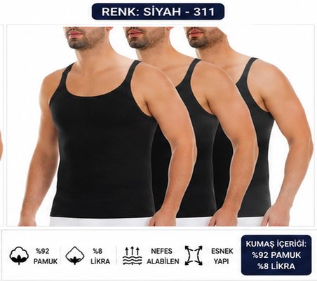 Yıldız Çamaşır Erkek Kaşkorse Likralı İnce Askılı Atlet (310-311-312) - 3 Adet