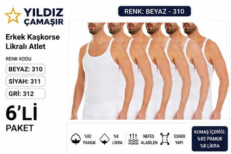 Yıldız Çamaşır Erkek Kaşkorse Likralı İnce Askılı Atlet (310-311-312) - 6 Adet