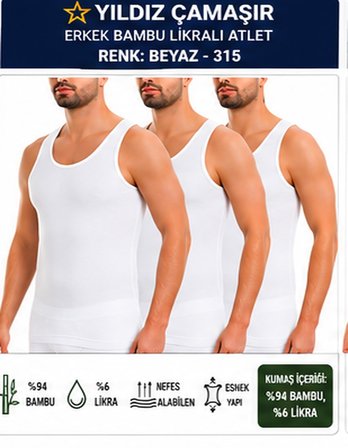 Yıldız Çamaşır Erkek Bambu Likralı Askılı Atlet (315-316-317-318)- 3 Adet
