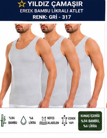 Yıldız Çamaşır Erkek Bambu Likralı Askılı Atlet (315-316-317-318)- 3 Adet