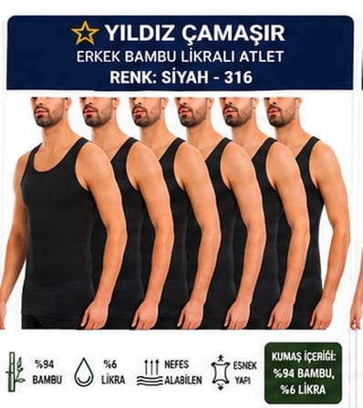 Yıldız Çamaşır Erkek Bambu Likralı Askılı Atlet (315-316-317-318)- 6 Adet